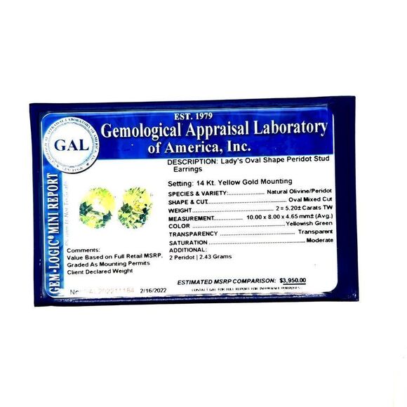 Oval Shape Peridot Stud Earrings 14k Y Gold 5.20 CTW Certified $3,950 211184 - Picture 8 of 8